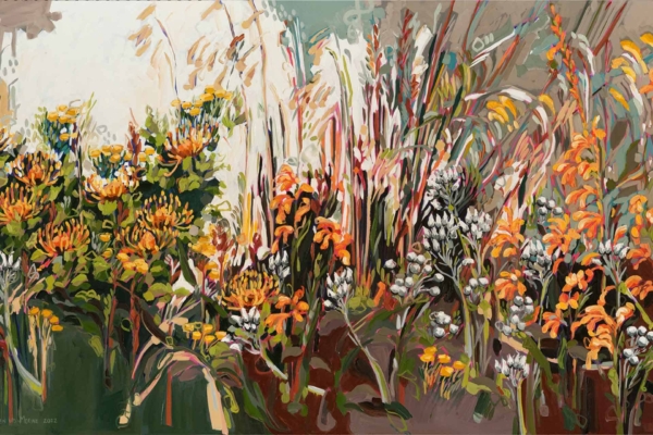 Vibrant abstract painting wallpaper. Garden scene with plants and flowers. Colors: orange, yellow, green, white. Background: earthy and neutral tones. Bold, dynamic brushstrokes; sense of movement and energy.