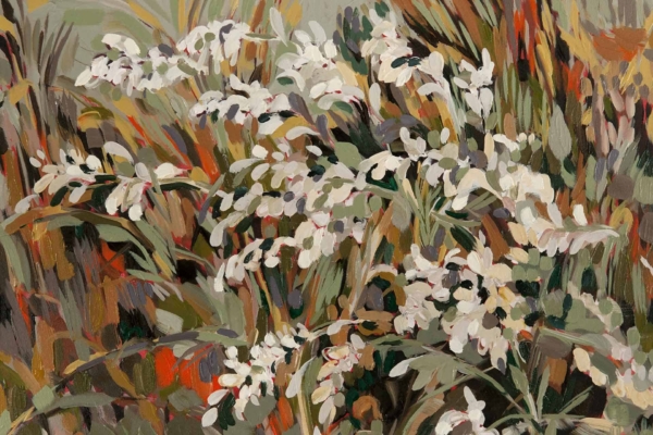 Abstract wallpaper featuring white flowers with green foliage. Expressive brushstrokes create dynamic light and shadow effects, with subtle hints of red and brown in the background. Natural and vibrant atmosphere.