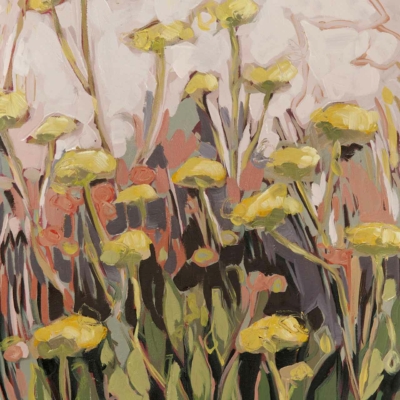 Abstract wallpaper: blooming yellow flowers, green stems and leaves. Background features soft pinks, whites, muted browns. Dynamic and vibrant impressionistic scene.