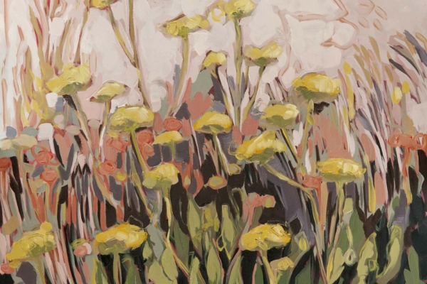Abstract wallpaper: blooming yellow flowers, green stems and leaves. Background features soft pinks, whites, muted browns. Dynamic and vibrant impressionistic scene.