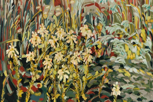 A vibrant wallpaper featuring a dense garden scene with prominent white flowers in the foreground. Bold, colorful brushstrokes blend shades of green, yellow, and red, creating a lively and textured backdrop. Elements include intricate foliage and radiant flowers that stand out against the lush scenery. This wallpaper is characterized by its dynamic use of color and texture to evoke a vivid natural landscape.