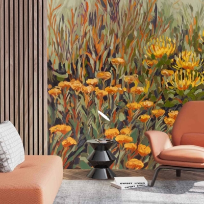 Wallpaper featuring vibrant yellow and orange flowers.