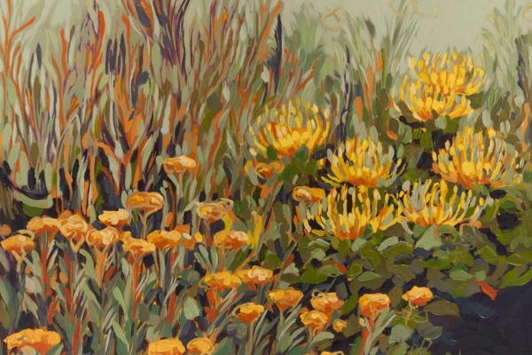 Vibrant painting wallpaper: orange and yellow flowers, full bloom, tall slender green foliage, orange foliage, colorful natural scene, muted green background.