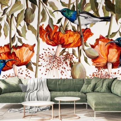 A vibrant mural with colorful hummingbirds, oversized vivid orange flowers in full bloom, and lush green leaves.