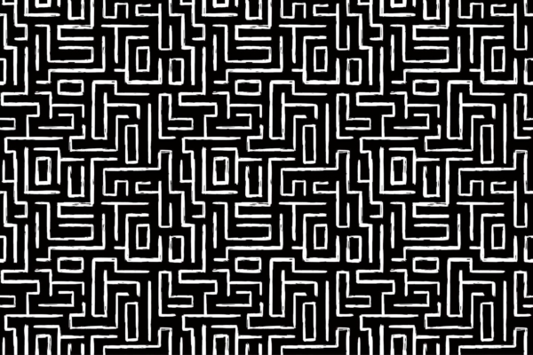 A black and white maze-like geometric wallpaper pattern. It features interconnected lines and shapes forming a continuous, intricate design that creates an illusion of depth and complexity. Elements include sharp angles, curves, repeating motifs, and varying line thicknesses. The dominant colors are black and white.