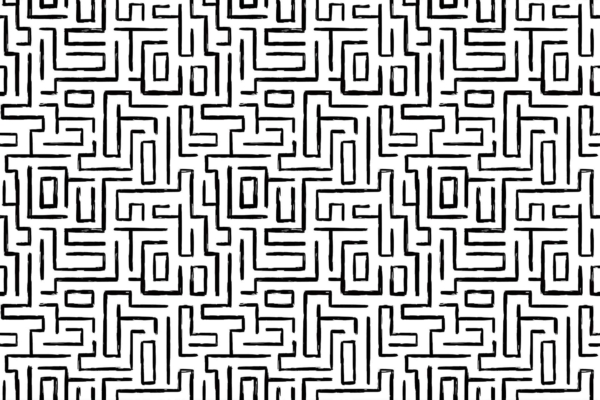 A black and white geometric wallpaper with interconnected rectangular and square shapes, resembling a maze or intricate grid. The hand-drawn, slightly irregular quality creates complex repetition. Key elements: black, white, geometric pattern, hand-drawn, maze-like grid.