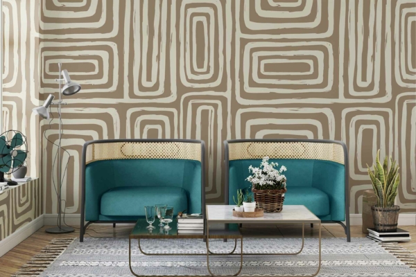 Beige and brown geometric patterned wallpaper.