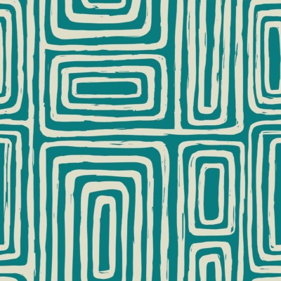 The wallpaper features a dynamic, geometric design consisting of rectangular and oval shapes arranged in a grid. The shapes are primarily in teal and cream colors, each outlined with rough, uneven lines for an abstract and modern look. This design is part of the Sweet One collection. Keywords: dynamic geometric design, rectangular shapes, oval shapes, teal and cream colors, rough uneven outlines, abstract modern wallpaper.