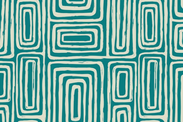 The wallpaper features a dynamic, geometric design consisting of rectangular and oval shapes arranged in a grid. The shapes are primarily in teal and cream colors, each outlined with rough, uneven lines for an abstract and modern look. This design is part of the Sweet One collection. Keywords: dynamic geometric design, rectangular shapes, oval shapes, teal and cream colors, rough uneven outlines, abstract modern wallpaper.