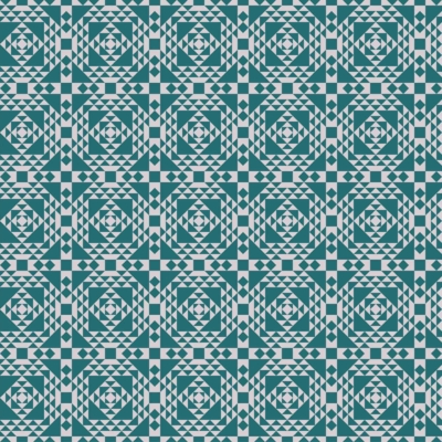 Wallpaper featuring a geometric pattern of repeating squares made up of triangles and diamond shapes in teal and white, creating a symmetrical, kaleidoscope-like effect. The intricate design forms an engaging mosaic ideal for breaking habitual aesthetic patterns.