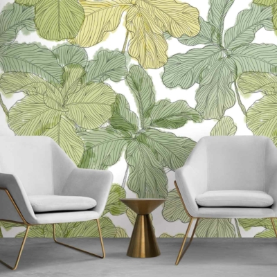 The wallpaper is decorated with an elegant green and yellow palm leaf pattern, perfect for a tropical-inspired design. The lush leaf motifs bring a touch of nature indoors, creating a vibrant, refreshing backdrop for any modern space.