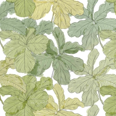 Seamless pattern wallpaper with large, intricately drawn tropical leaves in shades of green and yellow. Detailed vein structures shown as leaves overlap against a white background, creating a dense, textured look. Elements: tropical leaves, detailed veins. Colors: green, yellow, white.