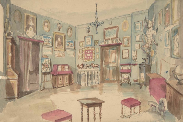 The wallpaper in the vintage painting features a rich, ornate pattern with intricate, gold damask motifs set against a deep, emerald green background. Hints of burgundy and ivory accents are interwoven throughout the design, enhancing the room's antique and cozy ambiance.