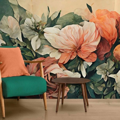 A cozy corner features a stunning wallpaper, showcasing a large, vibrant floral mural. The wallpaper is adorned with oversized, detailed flowers in shades of white, pink, and orange. These colors intertwine in an exquisite display against the backdrop, creating a sweet and inviting atmosphere perfect for any room.