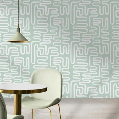 Light green wall, abstract white pattern.