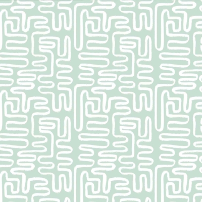 Abstract pattern wallpaper featuring a series of irregular white squiggles and lines on a soft green background. The design is repetitive, creating an amazed, maze-like appearance with varied shapes and sizes. Modern and artistic feel with elements: white squiggles, lines, soft green background. Colors: white, soft green.