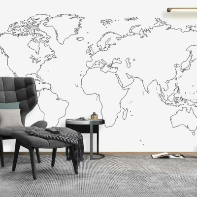 The wallpaper features a sketched map of the world on a white wall. Elements include detailed continent outlines and country borders, all in monochrome shades, primarily black and grey against the white background.