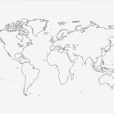 A simple black and white line drawing of a world map, showing the outlines of continents and major island groups. The minimalist design brings out its charm in simplicity, with no additional geographic details or text labels. Black and white color scheme.