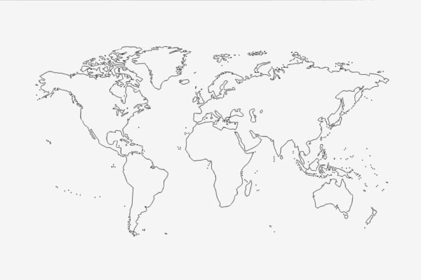 A simple black and white line drawing of a world map, showing the outlines of continents and major island groups. The minimalist design brings out its charm in simplicity, with no additional geographic details or text labels. Black and white color scheme.