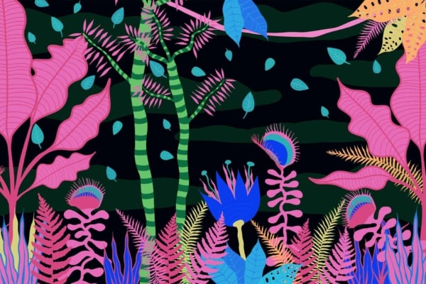 Vibrant artwork of an abstract jungle scene. Features various stylized plants with bold blue, pink, green, and yellow hues against a dark background. Falling leaves add dynamism to the exotic landscape. Evokes nature's untouched splendor.
