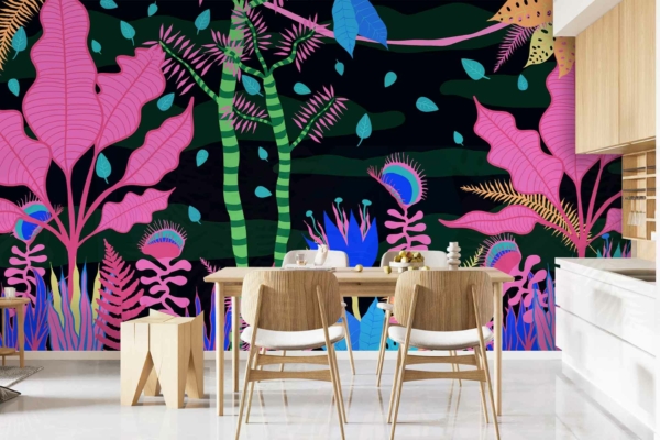 Vibrant jungle mural with large abstract leaves in pink, blue, and green against a dark background. Bold visual impact with a wild, untamed theme.