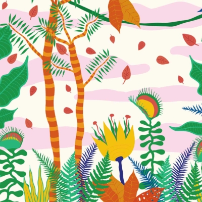 A vibrant tropical wallpaper featuring lush green foliage with various types of plants like ferns and large leaves. Bright orange and yellow flowers pop against the greenery. Red leaves are scattered in the air, set against a pink and white sky background. Key elements: tropical scene, lush foliage, ferns, large leaves, orange flowers, yellow flowers, falling red leaves, pink sky background.