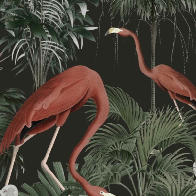 Lush wallpaper featuring a tropical scene with deep green foliage and towering palm trees. Two elegant pink flamingos bend their necks gracefully toward the ground, their vibrant plumage standing out against the rich, dark greenery. A serene, magical ambiance perfect for a dreamy setting.