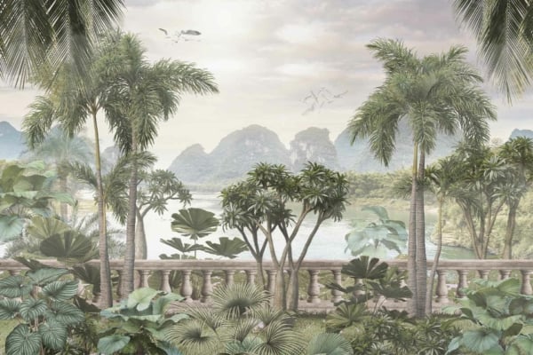 Wallpaper: Serene landscape with lush tropical plants, palm trees, a stone balustrade, calm lake. Misty mountains in the background, overcast sky. Birds flying gracefully. Color palette: greens (plants), grays and blues (lake and sky), earthy tones (balustrade), white and gray tones (mist).