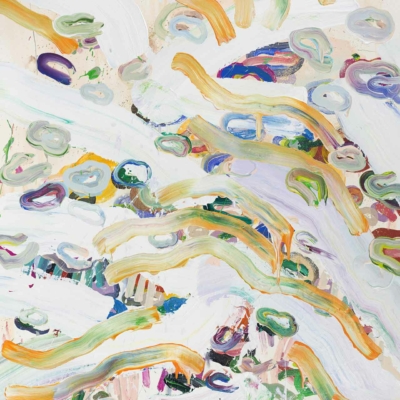 Abstract wallpaper featuring flowing, curved lines in shades of white, yellow, and green against a soft beige background. Includes splashes of purple, blue, and green for a dynamic and vibrant composition.