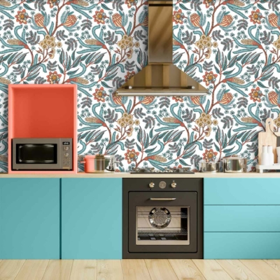 The wallpaper features a floral pattern with intricate designs reminiscent of historical drama scenes. Key elements include flowers, vines, and leaves in soft pastel colors like blush pink, lavender, sage green, and cream against a muted background. This detailed and vibrant pattern evokes a vintage charm and elegance.