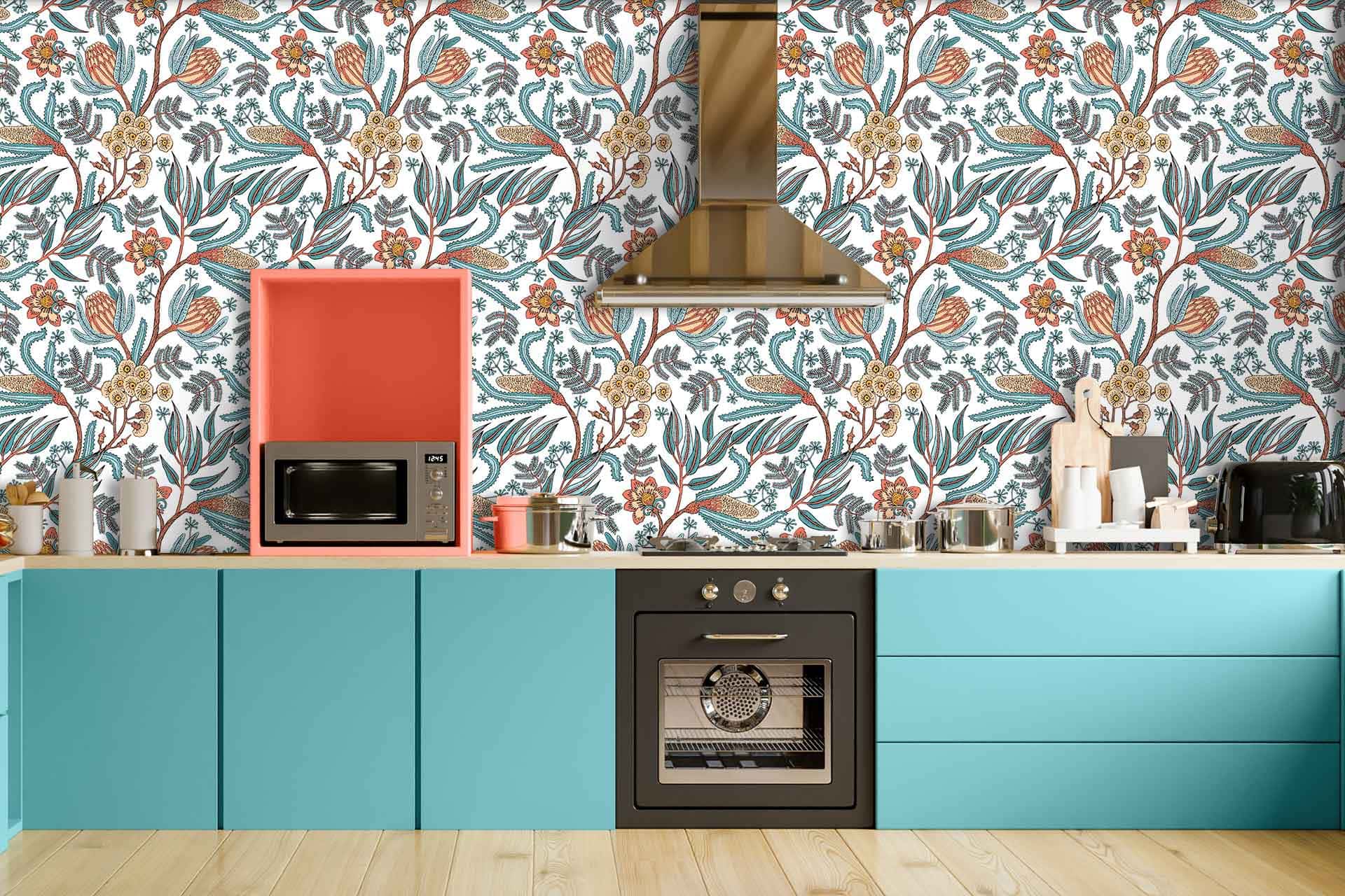 Cara-Saven---Cape Wonder---Interior Cape Wonder - a wallpaper of a graphic floral pattern with a bush baby sitting amongst the vines by Cara Saven Wall Design