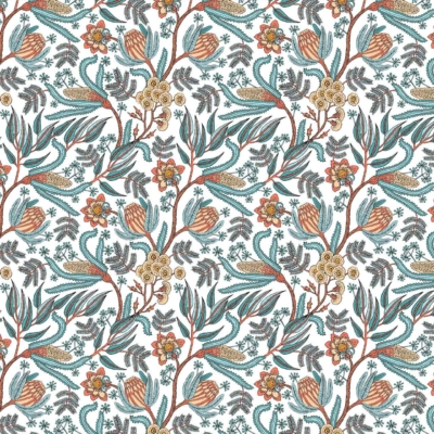 A dense, ornamental floral pattern wallpaper featuring winding branches adorned with large green leaves and clusters of vibrant flowers in shades of orange, yellow, and red. Small black leaves and intricate designs interweave throughout a white background. The design exudes a historical drama aesthetic reminiscent of Outlander.