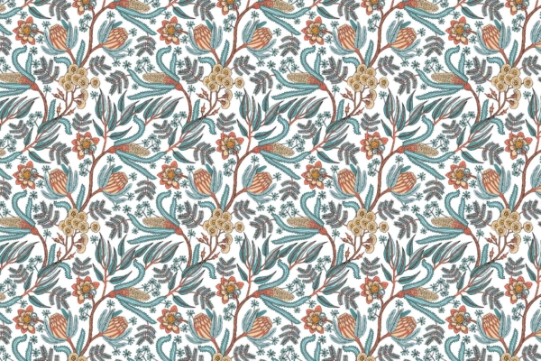A dense, ornamental floral pattern wallpaper featuring winding branches adorned with large green leaves and clusters of vibrant flowers in shades of orange, yellow, and red. Small black leaves and intricate designs interweave throughout a white background. The design exudes a historical drama aesthetic reminiscent of Outlander.