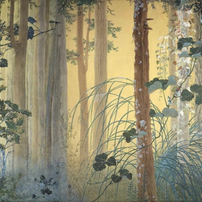 A serene wallpaper featuring a forest scene with tall, slender trees and dense green foliage. Delicate vines and leaves, in shades of green, climb the tree trunks. Wispy grasses and various plants create a textured forest floor in hues of soft greens and browns. The background exudes a tranquil atmosphere with a soft, warm yellow light, adding to the painting's serene feel.