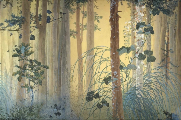 A serene wallpaper featuring a forest scene with tall, slender trees and dense green foliage. Delicate vines and leaves, in shades of green, climb the tree trunks. Wispy grasses and various plants create a textured forest floor in hues of soft greens and browns. The background exudes a tranquil atmosphere with a soft, warm yellow light, adding to the painting's serene feel.