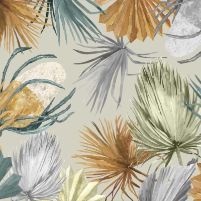 Abstract leaves wallpaper, watercolor texture, various shades of green, gold, orange, gray leaves on light beige background. Botanical design with diverse leaf types.