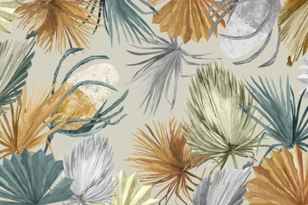Abstract leaves wallpaper, watercolor texture, various shades of green, gold, orange, gray leaves on light beige background. Botanical design with diverse leaf types.