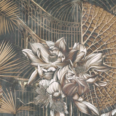 An intricate wallpaper illustration features detailed tropical leaves and blooming flowers in shades of gold and white. The backdrop showcases a geometric pattern resembling an ornate structure with arches, exuding the adventurous spirit of an Outlander. Key elements: tropical leaves, blooming flowers, gold, white, geometric pattern, ornate structure, arches.