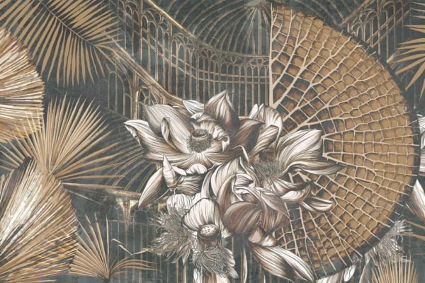 An intricate wallpaper illustration features detailed tropical leaves and blooming flowers in shades of gold and white. The backdrop showcases a geometric pattern resembling an ornate structure with arches, exuding the adventurous spirit of an Outlander. Key elements: tropical leaves, blooming flowers, gold, white, geometric pattern, ornate structure, arches.