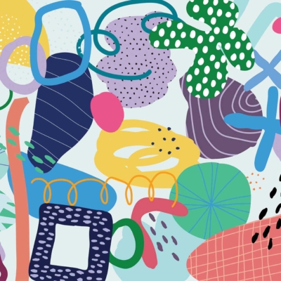 Vibrant, abstract design wallpaper with colorful shapes and patterns. Freestyle arrangement features geometric and organic forms: circles, rectangles, squiggles, dots. Colors include shades of purple, blue, green, yellow, and orange.