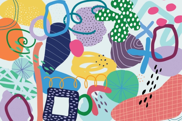 Vibrant, abstract design wallpaper with colorful shapes and patterns. Freestyle arrangement features geometric and organic forms: circles, rectangles, squiggles, dots. Colors include shades of purple, blue, green, yellow, and orange.