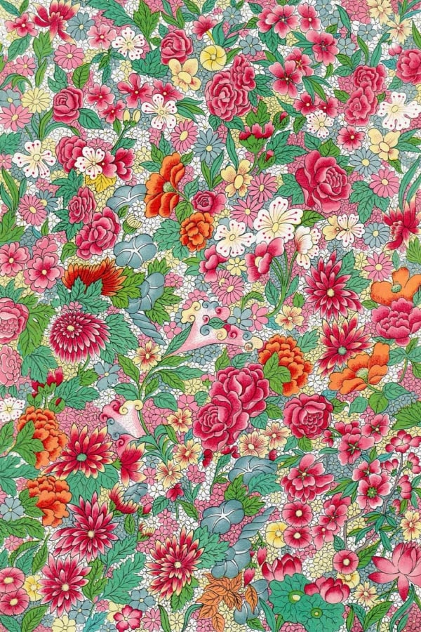 Pattern of colorful flowers and green leaves with roses, daisies, and various blooms; vibrant hues in red, pink, yellow, orange, white; dense garden scene; lush TV series *Outlander* wallpaper.