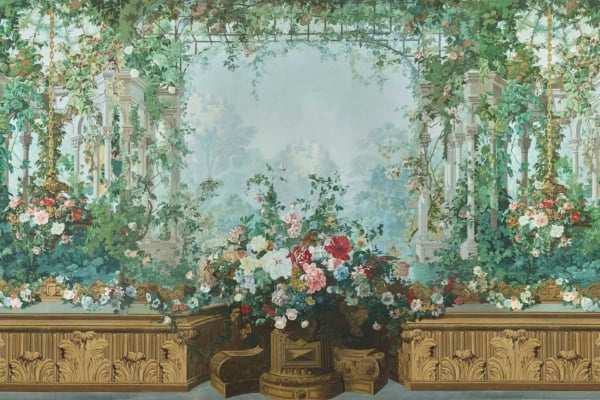 Wallpaper features: lush garden, ornate golden flower bed, vibrant flowers (red, pink, white, orange), vine-covered pergola background, leafy foliage.