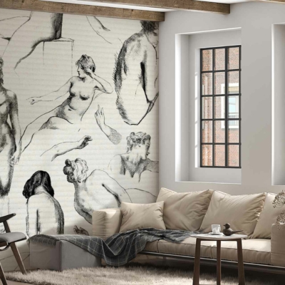 The wallpaper features a large sketch-style mural of various nude human figures on a white background. The mural showcases detailed, delicate line work primarily in black and shades of gray, creating an artistic and dynamic visual effect. The figures vary in pose and expression, adding depth and interest to the room's ambiance.