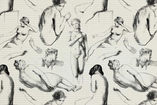 The wallpaper showcases a collage of vintage-style black and white sketches on a lined background. Featuring nude human figures in diverse poses, it includes a central standing figure flanked by seated, reclining, and partial body illustrations. The intricate detailing in grayscale enhances the classic aesthetic of the artwork.