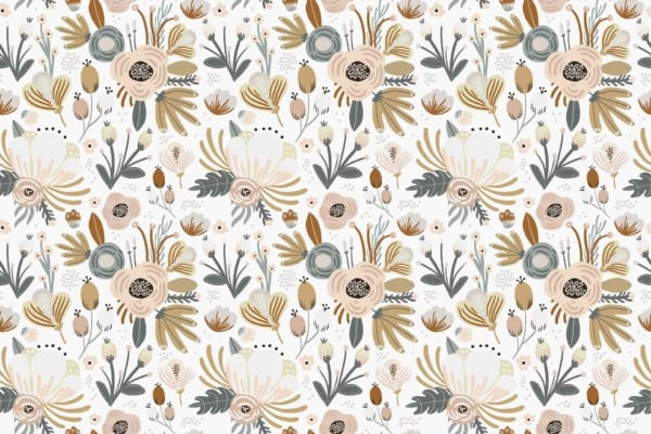 Lexi's seamless floral pattern wallpaper features intricate illustrations of flowers, leaves, and plant elements. The design showcases a balanced mix of large and small botanicals in neutral tones including beige, brown, and muted green on a white background.