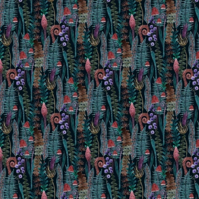Vibrant, intricate wallpaper featuring tropical plants, ferns, and flowers in shades of green, pink, purple, and red. The dense design creates a lush forest-like appearance with detailed botanical elements. Dark background enhances the rich landscape reminiscent of Outlander.