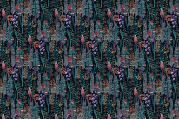 Vibrant, intricate wallpaper featuring tropical plants, ferns, and flowers in shades of green, pink, purple, and red. The dense design creates a lush forest-like appearance with detailed botanical elements. Dark background enhances the rich landscape reminiscent of Outlander.
