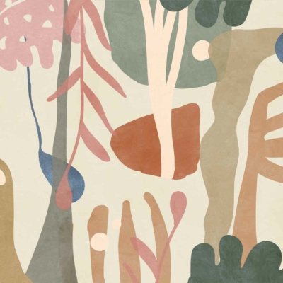 Abstract wallpaper with organic shapes and lines in muted shades of pink, green, blue, and brown. Features leaf-like forms and flowing lines reminiscent of an Outlander landscape. Nature-inspired design with harmonious composition and irregular patterns.