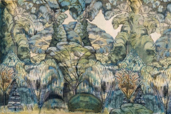 Intricate surreal forest scene wallpaper featuring tall, lush, densely packed trees in varying shades of green and blue. Textured leaves create a dreamy, abstract pattern against a pale sky. The wallpaper blends depth, giving a magical, ethereal feel like something from a Marvel story among hidden mountains. Key elements: intricate forest, surreal trees, textured leaves, varying greens and blues, pale sky backdrop.